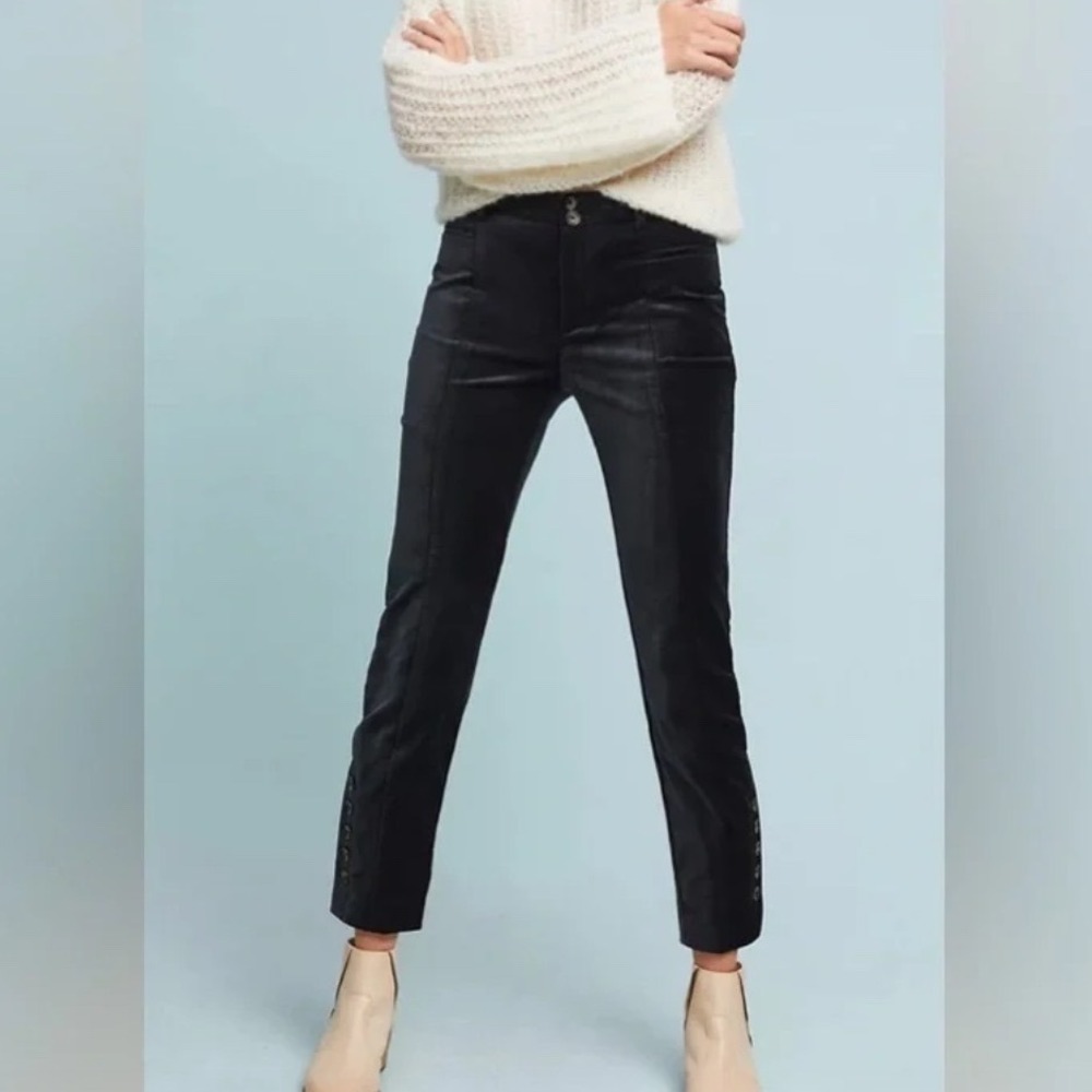 Anthropologie The Essential Slim Black Velvet Button Ankle Pants Trousers Work 4